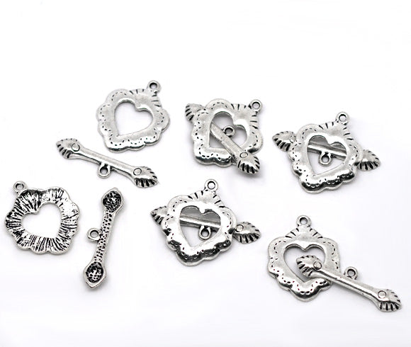 Antique Silver Toggle Clasp Heart Charm, 23x19mm, 30 sets