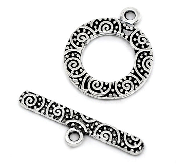 Antique Silver Toggle Clasp, Pattern, 19x16mm 24x6mm, 40 sets