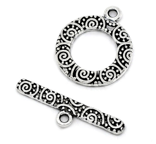 Antique Silver Toggle Clasp, Pattern, 19x16mm 24x6mm, 40 sets