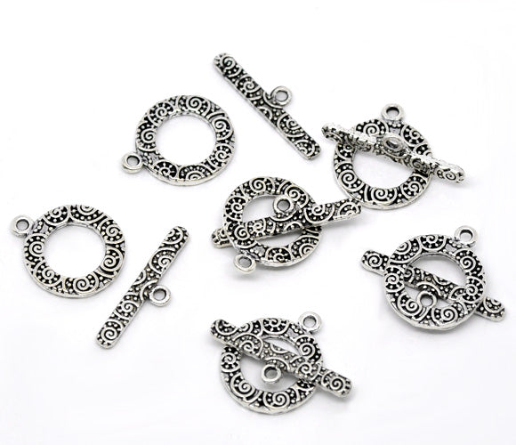 Antique Silver Toggle Clasp, Pattern, 19x16mm 24x6mm, 40 sets