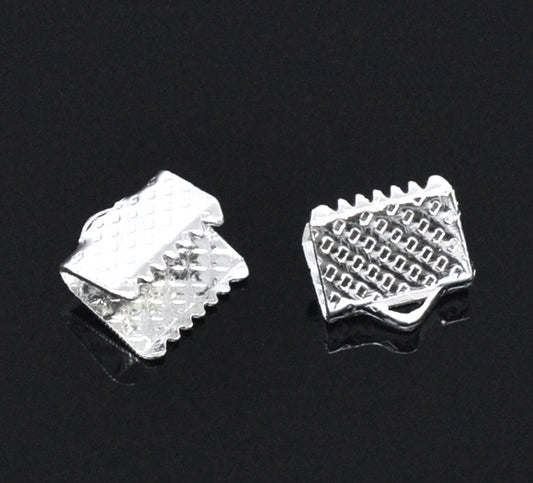 Ribbon Crimp Ends, silver plated textured End Caps 8x8mm, 200pcs