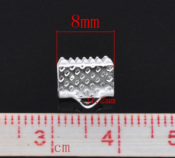 Ribbon Crimp Ends, silver plated textured End Caps 8x8mm, 200pcs