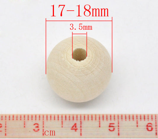 Wooden Beads Round, 18mm, 50 pieces, Raw (3.5mm hole)