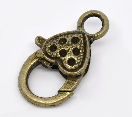 Antique Bronze Lobster Clasps, Heart Design, 26x13mm, 20 pcs
