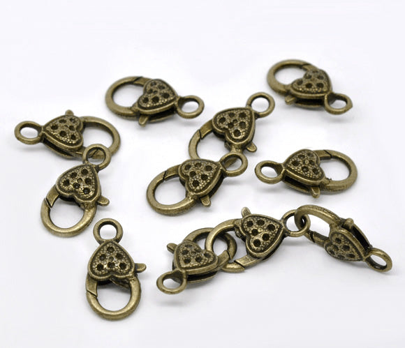 Antique Bronze Lobster Clasps, Heart Design, 26x13mm, 20 pcs
