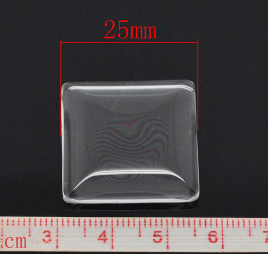 Cabochon, glass, clear, 25x25mm Tile dome. 10pcs - rounded style