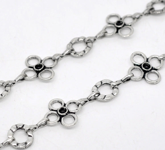 Antique Silver Plate Flower Circle Link Chain 17x17mm 11.5x10mm, 1 metre