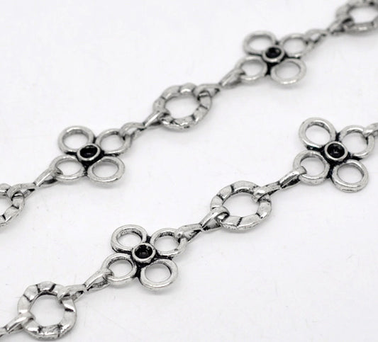 Antique Silver Plate Flower Circle Link Chain 17x17mm 11.5x10mm, 1 metre