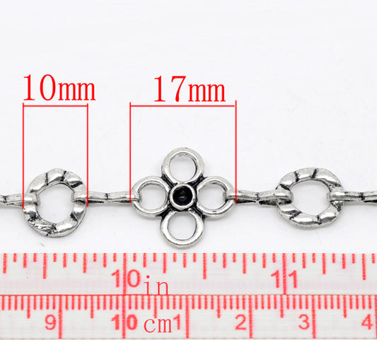 Antique Silver Plate Flower Circle Link Chain 17x17mm 11.5x10mm, 1 metre