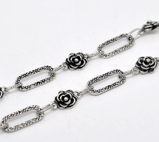 Antique Silver Flower Rectangle Chain Necklace, 16x10mm 21x8mm, 1 metre