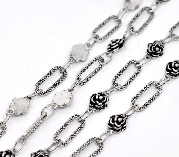 Antique Silver Flower Rectangle Chain Necklace, 16x10mm 21x8mm, 1 metre