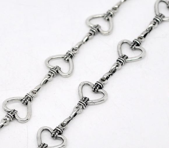 Antique Silver Heart Link Chain Necklace, 10x4.4mm, 1 metre - Special Price!
