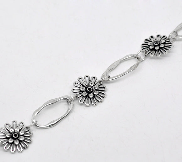 Antique Silver Flower Oval Chain Necklace, 16mm 23x13mm, 1 metre - Great Price!