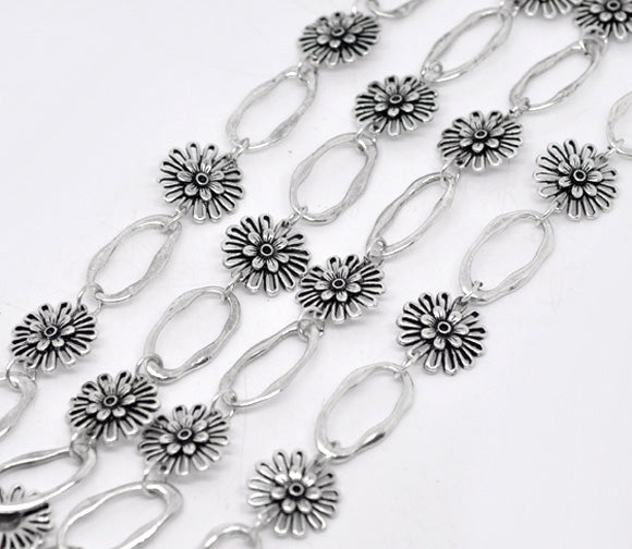 Antique Silver Flower Oval Chain Necklace, 16mm 23x13mm, 1 metre - Great Price!
