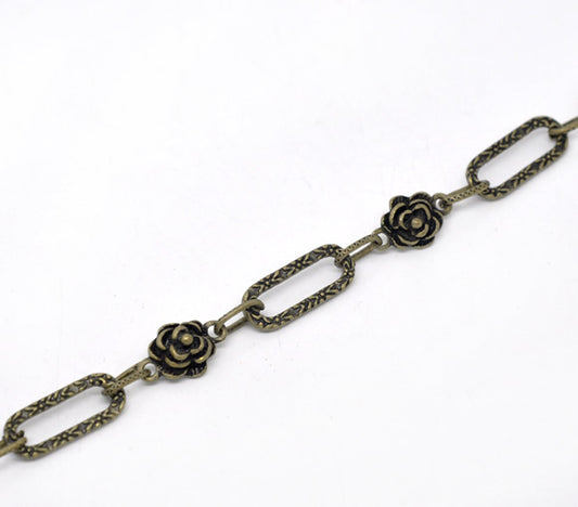 Antique Bronze Flower Rectangle-Opened Chain Necklace, 100cm