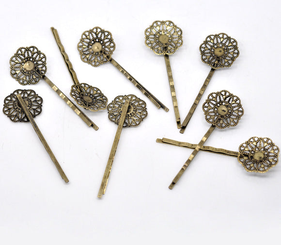 Antique Bronze Flower, Bobby Pins. 6x2cm, 30pcs