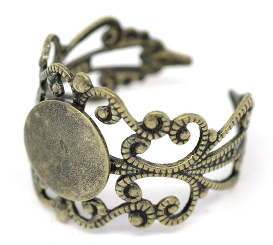 Ring Cuff, Antique Bronze plated, filigree design, pad 10mm, 20pcs