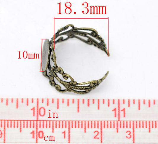 Ring Cuff, Antique Bronze plated, filigree design, pad 10mm, 20pcs