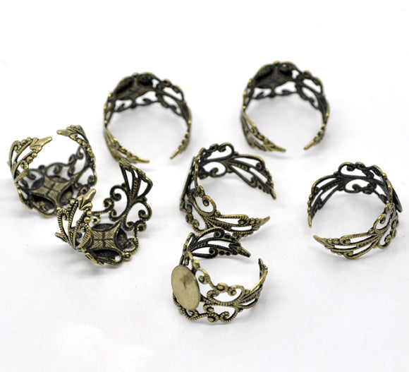 Ring Cuff, Antique Bronze plated, filigree design, pad 10mm, 20pcs