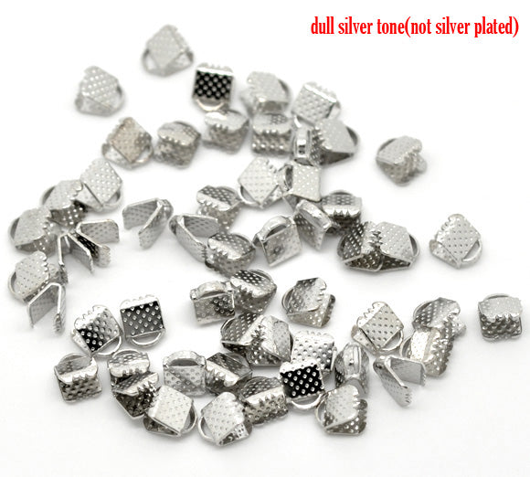 Ribbon Crimp Ends, antique silver plated textured End Caps 6x8mm, 200pcs