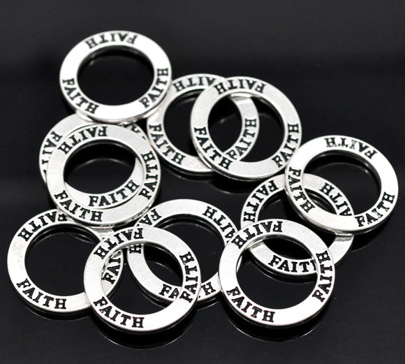 Antique Silver Affirmation Charm, "Faith", 23mm, 20pcs