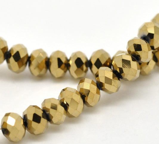 Crystal Glass Faceted Rondelle, 8x6mm, gold tone 3 strands