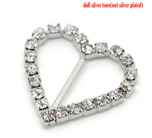 Antique Silver Rhinestone Ribbon Slider Buckles, Heart 27x26mm, 10pcs