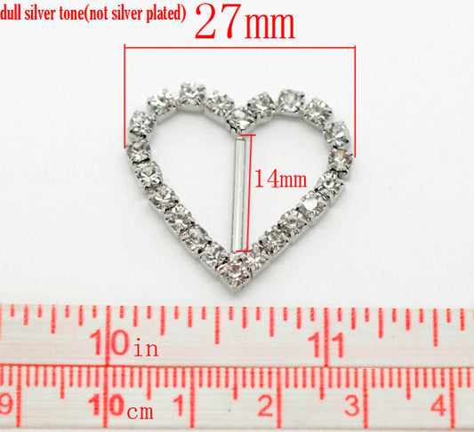 Antique Silver Rhinestone Ribbon Slider Buckles, Heart 27x26mm, 10pcs