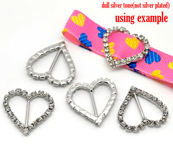 Antique Silver Rhinestone Ribbon Slider Buckles, Heart 27x26mm, 10pcs