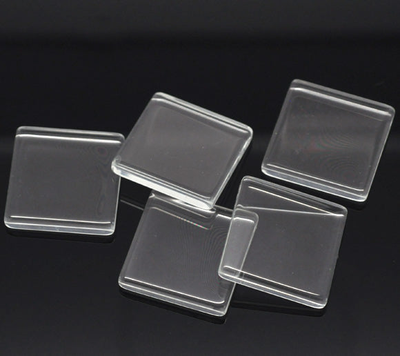 Cabochon, glass, clear, 25x25mm flat square. 10pcs