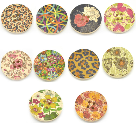 Wooden Buttons, Mixed Patterns, 30mm, 50pcs