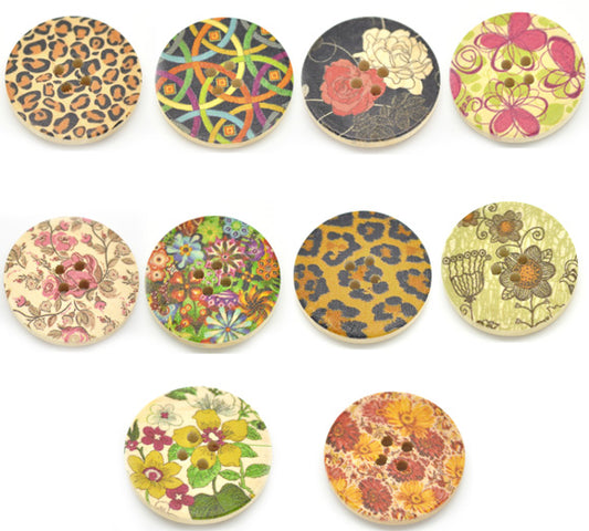 Wooden Buttons, Mixed Patterns, 30mm, 50pcs