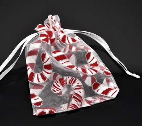 Organza Drawstring Bags Christmas Candy Cane Design, 9x12cm, 10pcs