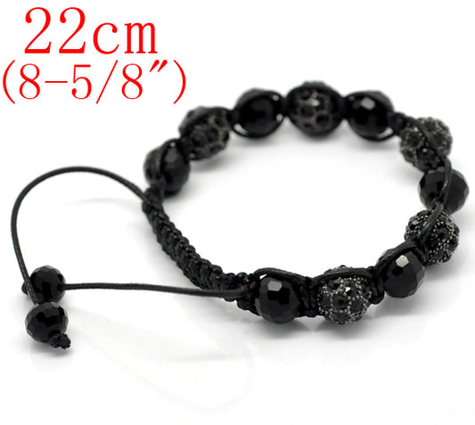 Pave Rhinestone Black Rhinestone Crystal Glass Beads Braiding Adjustable Bracelet 21cm-25cm(8"-10"), 1pc - Shamballa Style