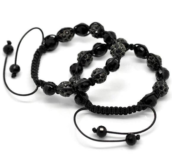 Pave Rhinestone Black Rhinestone Crystal Glass Beads Braiding Adjustable Bracelet 21cm-25cm(8"-10"), 1pc - Shamballa Style