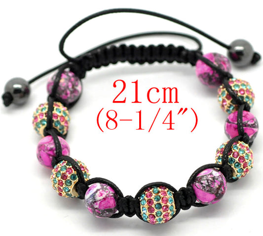 Pave Rhinestone Rhinestone and Glass Beads Braiding Adjustable Bracelet 21cm-25cm(8"-10"), 1pc - Shamballa Style
