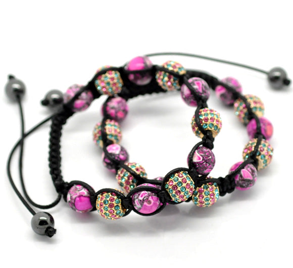 Pave Rhinestone Rhinestone and Glass Beads Braiding Adjustable Bracelet 21cm-25cm(8"-10"), 1pc - Shamballa Style