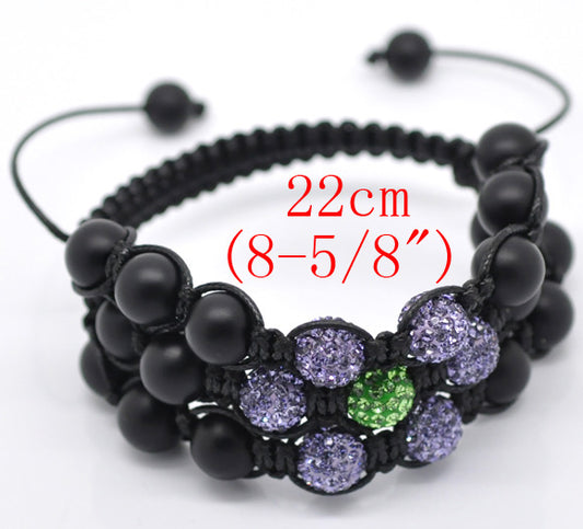 Pave Rhinestone Onyx Beads 3 Row Braiding Adjustable Bracelet 22cm(8-5/8"), 10mm,, 1pc - Shamballa Style