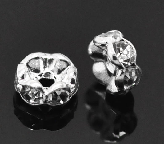 Silver Plated Rondelles Rhinestone Spacer Beads, 6mm 30pcs