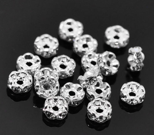 Silver Plated Rondelles Rhinestone Spacer Beads, 6mm 30pcs