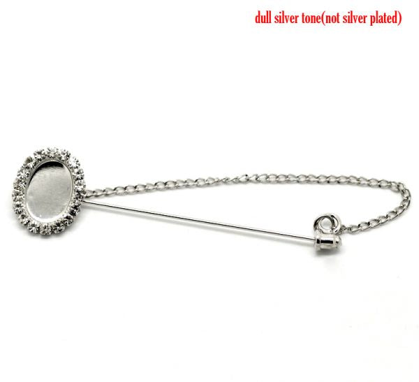 Antique Silver Rhinestone Cabochon Setting Stick Pin Brooch, 7x2.cm(fit14x10mm), 10pcs