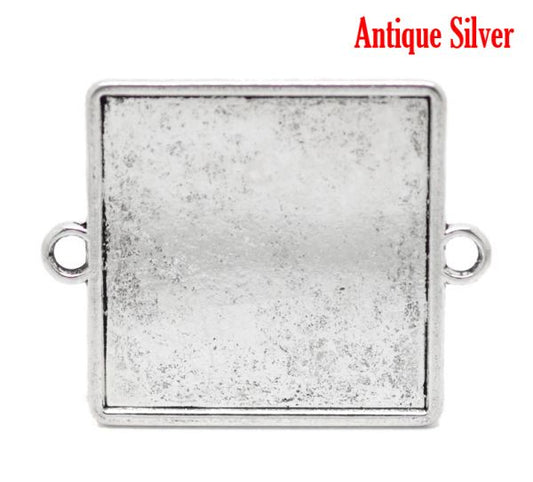 Antique Silver Frame Settings 49x39mm (fit35x35mm), square 5pcs, two rings