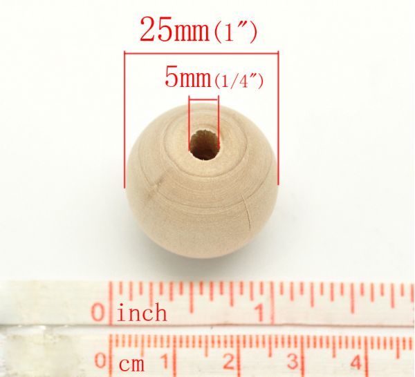 Wooden Beads Round, 25mm, 30 pieces, Raw (5mm hole)