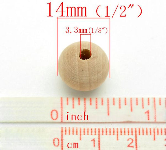 Wooden Beads Round, 14x13mm, 100 pcs, hole 3.3mm, Natural Raw- Bulk