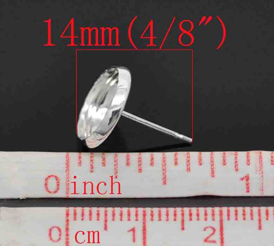 Silver Plate Earring Stud with Stopper, Cabochon setting (fits 10mm) 14 x12mm, 25 pairs