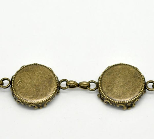 Antique Bronze Round Cabochon Setting Disk Bracelets 18cm(7 1/8"), 2pcs