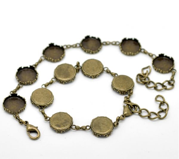 Antique Bronze Round Cabochon Setting Disk Bracelets 18cm(7 1/8"), 2pcs