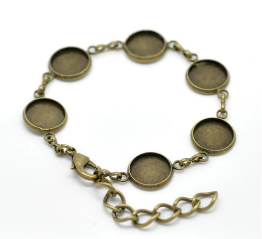 Antique Bronze Round Cabochon Setting Disk Bracelets 18cm(7 1/8"), 2pcs
