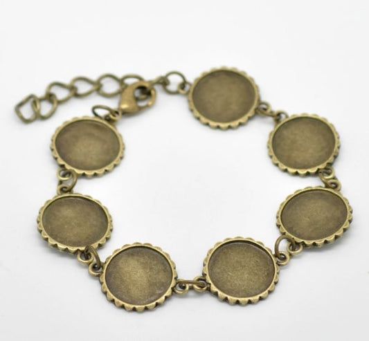 Antique Bronze Round Cabochon Setting Disk Bracelets 21cm(8 1/4"), 2pcs