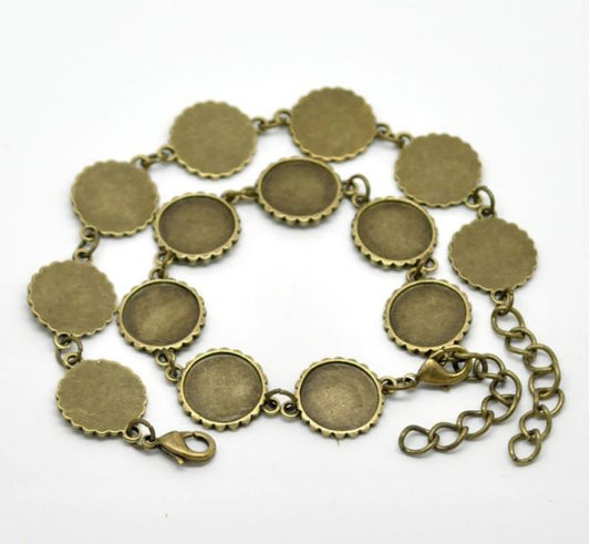 Antique Bronze Round Cabochon Setting Disk Bracelets 21cm(8 1/4"), 2pcs